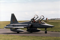 K-4029 @ EGQS - NF-5B of 316 Squadron Royal Netherlands Air Force taxying to the active runway at RAF Lossiemouth in May 1990. - by Peter Nicholson