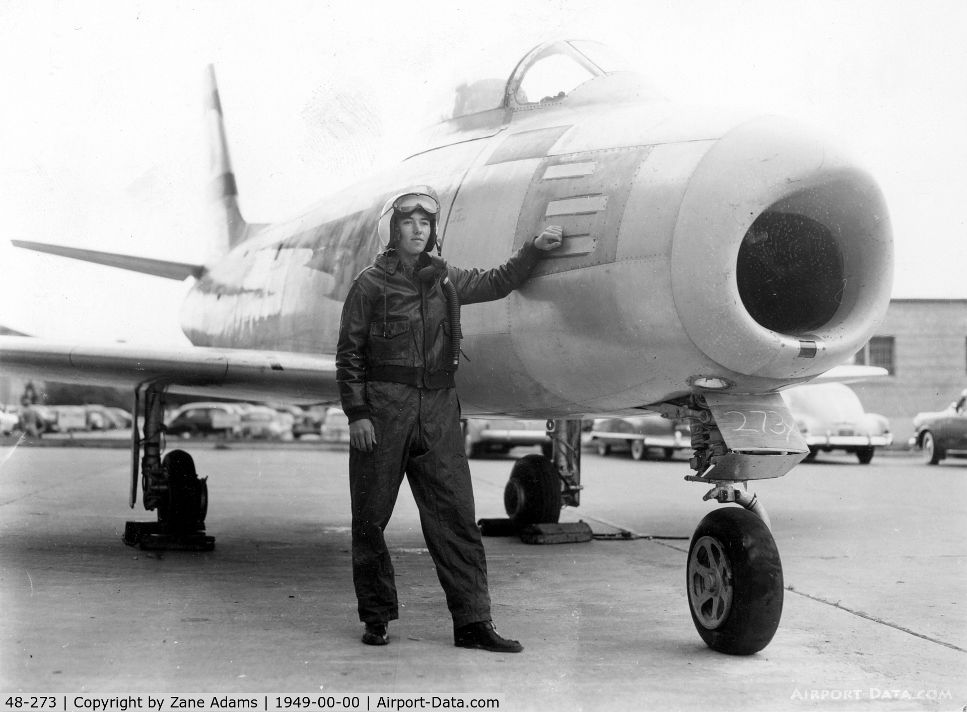 48-273, 1948 North American F-86A Sabre C/N 151-43642, Early F-86 (P-86) at the former Lowry AFB - Denver, CO. Airman John Van Dyke pictured.