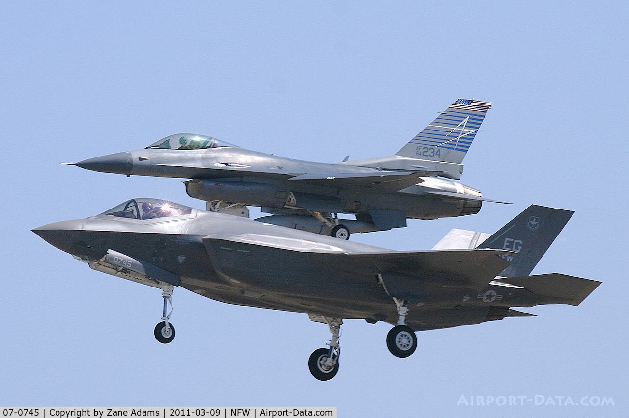 07-0745, 2010 Lockheed Martin F-35A Lightning II C/N AF-07, F-35A 07-0745 (AF-07) along with F-16C 84-1234 chase plane, landing at NASJRB Fort Worth