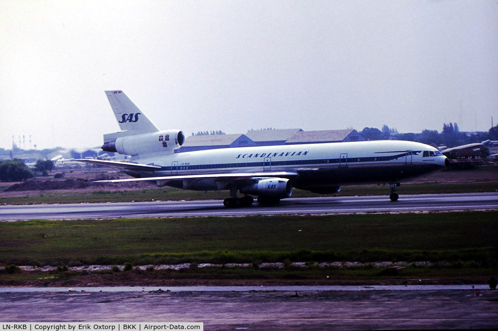 LN-RKB, 1975 McDonnell Douglas DC-10-30F C/N 46871, LN-RKB in BKK Don Muang. This a/c was a DC-10-30 (all passenger version) when it was in operation with SAS.