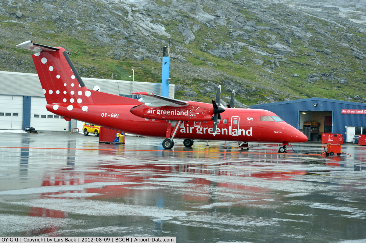 OY-GRI, 1997 De Havilland Canada DHC-8-202 Dash 8 C/N 477, A De Havilland Canada DHC-8-202 operated by Air Greenland was involved in a gear collapse and runway excursion accident at Ilulissat Airport (JAV), Greenland. Flight GL-3205 originated in Kangerlussuaq, Greenland. 29-01-2014