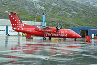 OY-GRI @ BGGH - A De Havilland Canada DHC-8-202 operated by Air Greenland was involved in a gear collapse and runway excursion accident at Ilulissat Airport (JAV), Greenland. Flight GL-3205 originated in Kangerlussuaq, Greenland. 29-01-2014 - by Lars Baek