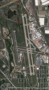 Fort Worth Meacham International Airport (FTW) - Spotting map for Fort Worth Meacham Field. The red letters indicate places that you can see action around the airfield.  - by Zane Adams