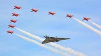 RAF Fairford - Formation flight of the Red Arrows with XH558 Avro Vulcan at RIAT 2015 - by Paul H