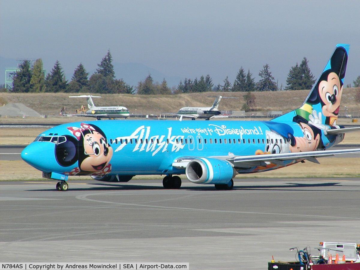 N784AS, 1996 Boeing 737-4Q8 C/N 28199, Alaska Airlines Boeing 737 in Micky Mouse livery at Seattle-Tacoma International Airport