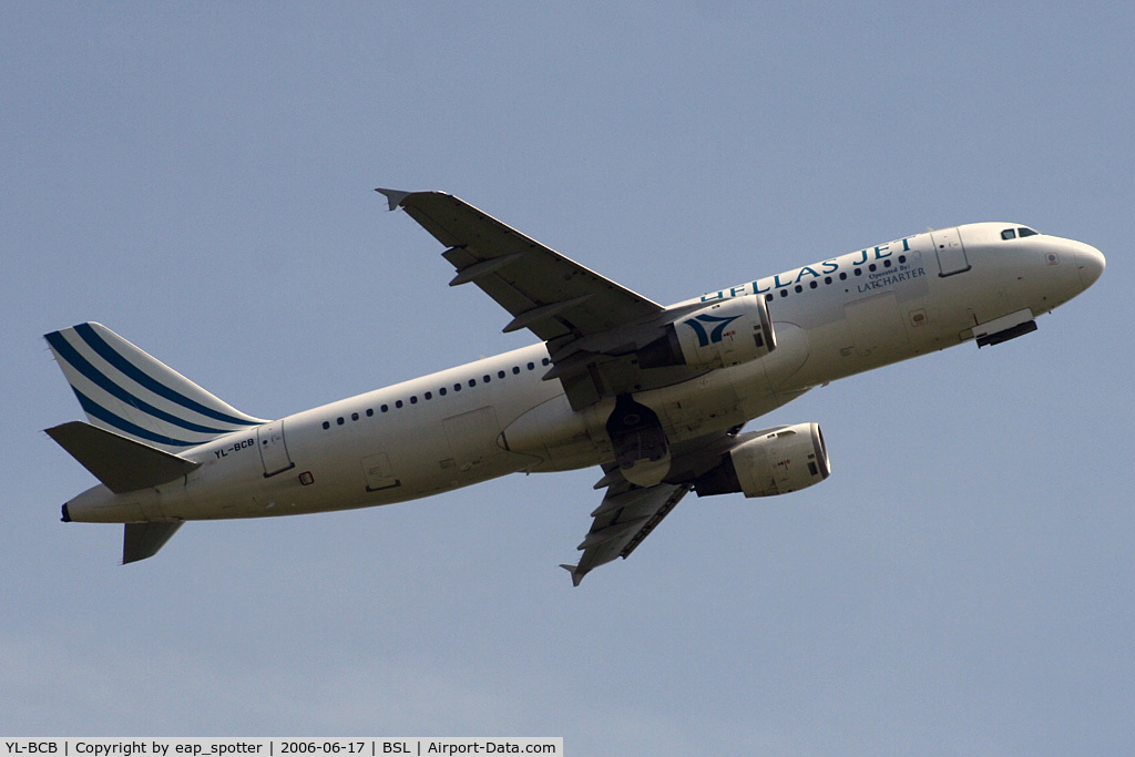 YL-BCB, 1997 Airbus A320-211 C/N 726, Leaving BSL for RHO - Greece opt by LATCHARTER