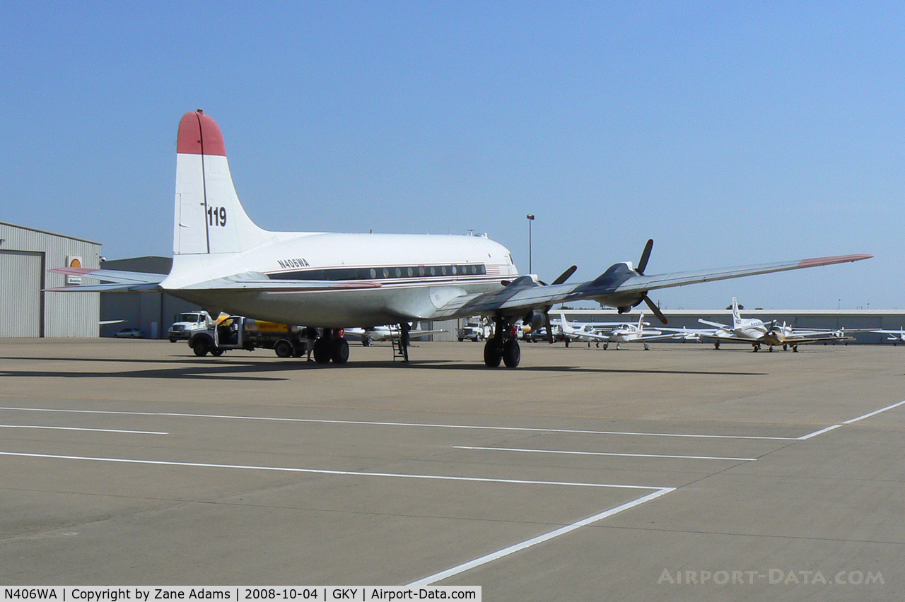 N406WA, Douglas C-54G (DC4-ME2) Skymaster C/N DO338, In for a short fuel stop at Arlington Municipal during a cross country trip from Reno to Miami. USAAF SN  45-0491