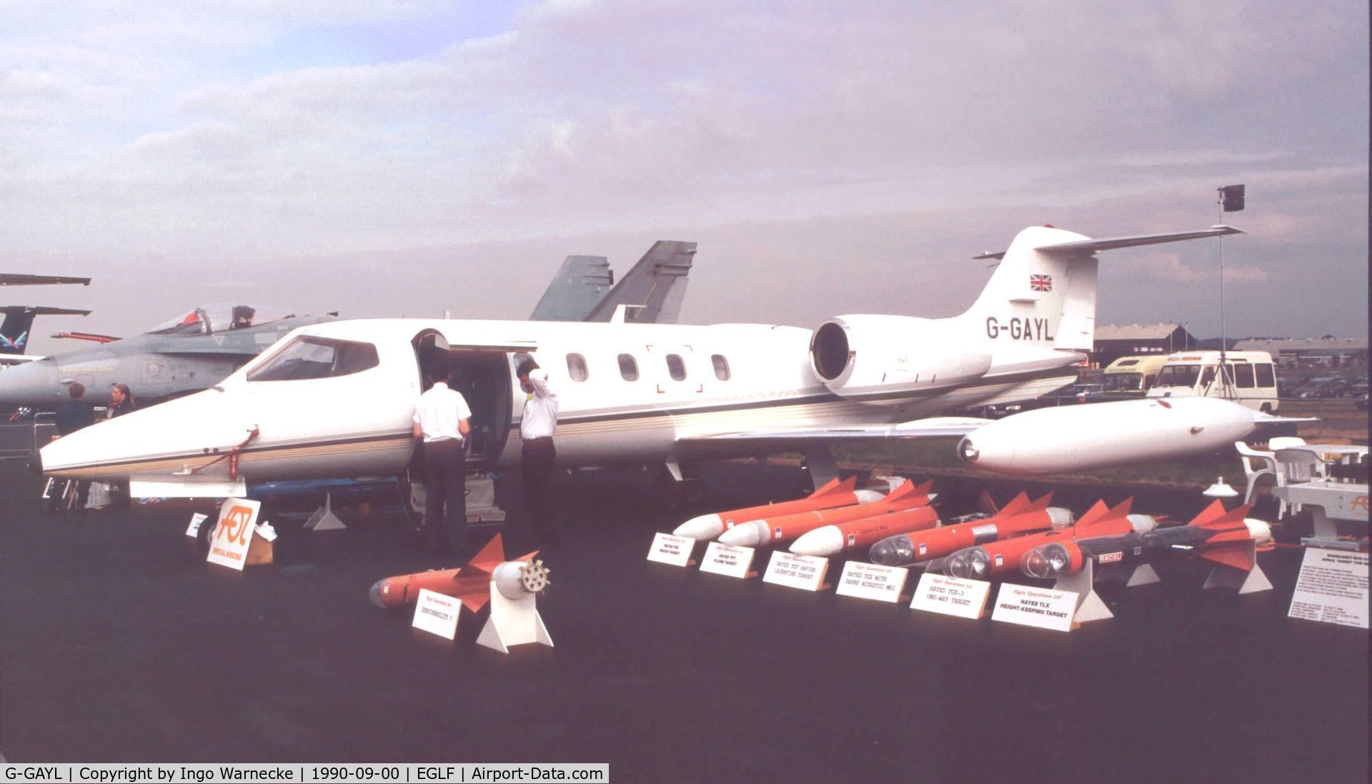 G-GAYL, 1981 Learjet 35A C/N 35A-429, Gates Learjet 35A as target towing plane at Farnborough International 1990