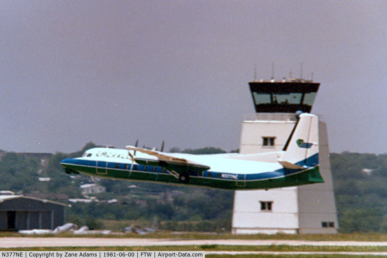N377NE, 1966 Fairchild Hiller FH-227C C/N 510, Emerald Air F-27 departing Meacham Field