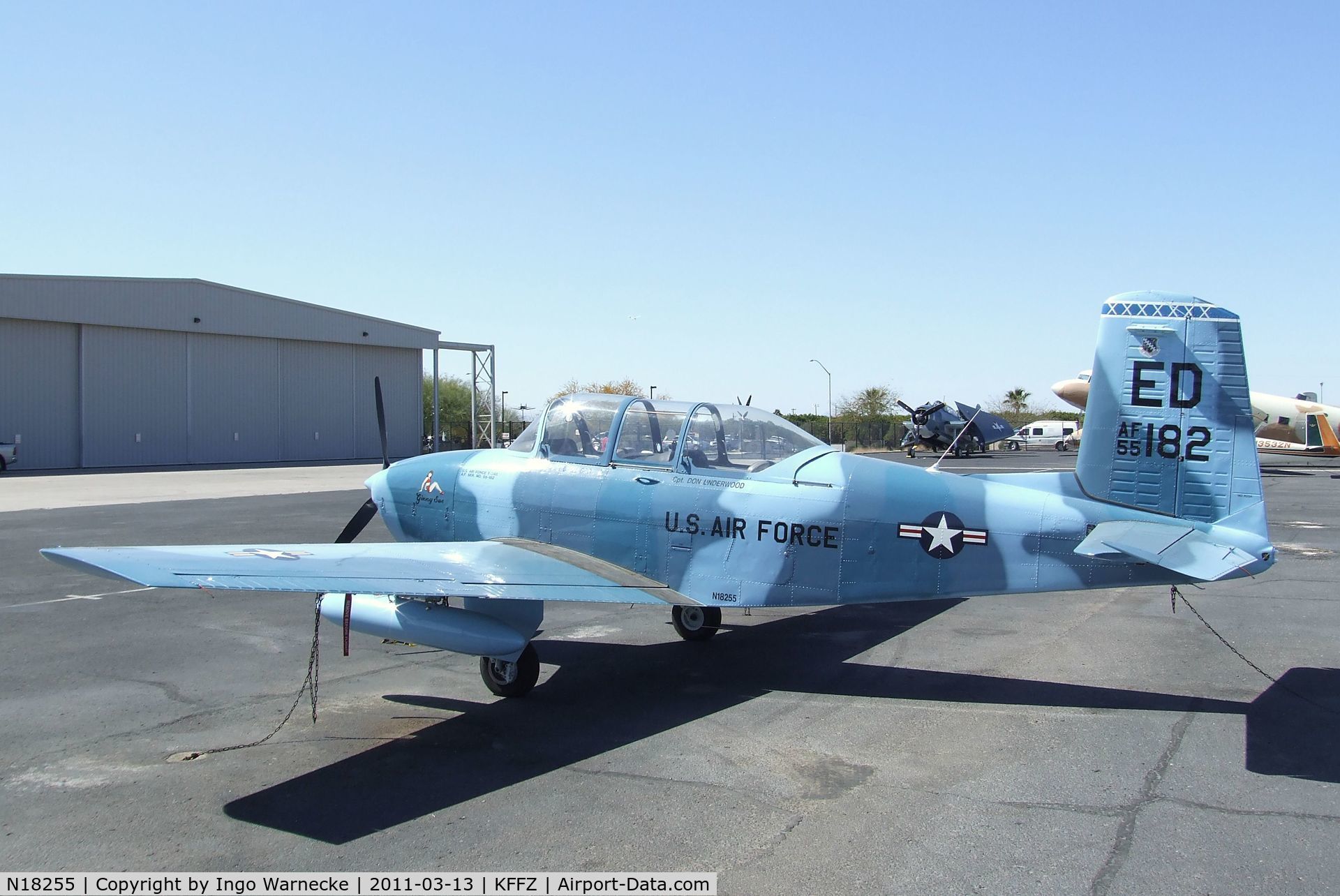 N18255, 1955 Beech A45 C/N G-739, Beechcraft A45 (T-34 Mentor) outside the CAF Museum at Falcon Field, Mesa AZ