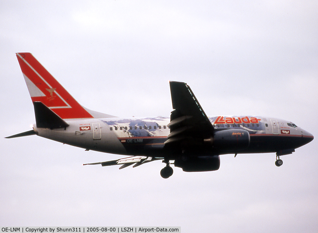 OE-LNM, 2000 Boeing 737-6Z9 C/N 30138, Landing rwy 32 in Tyrol-Innsbruck liverypromoting the Austrian Alps