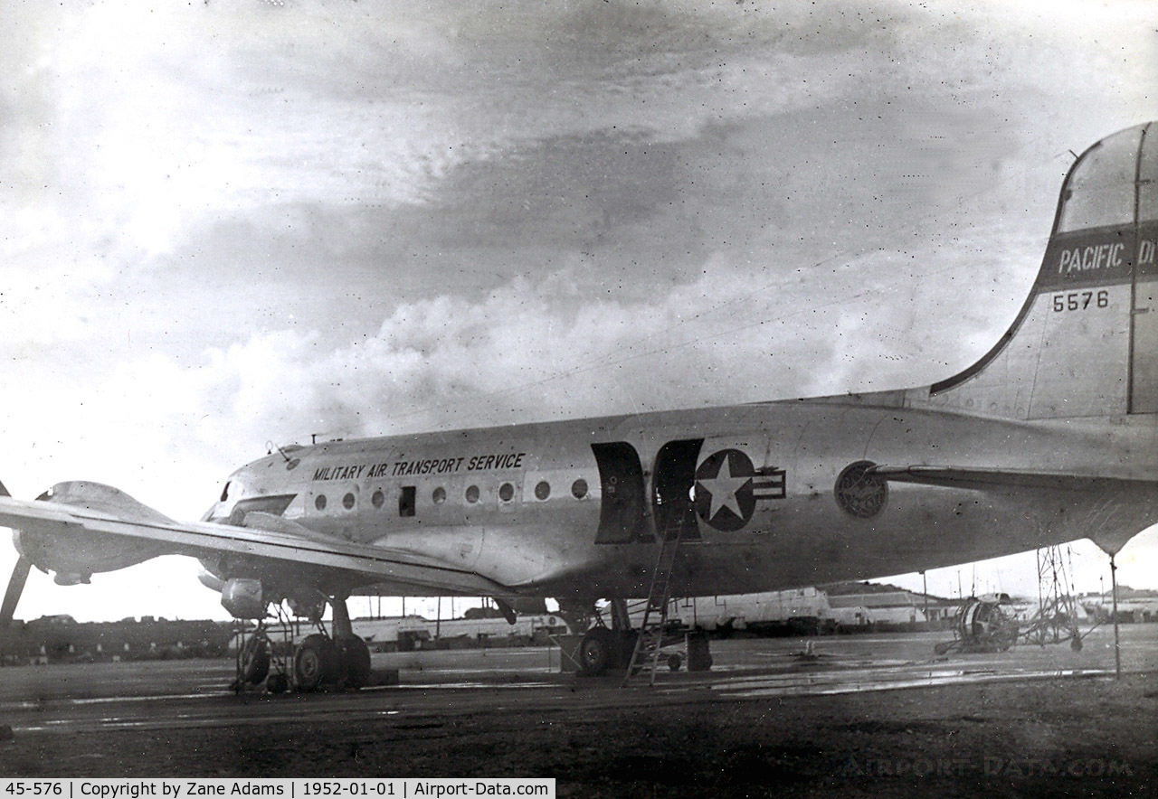 45-576, 1945 Douglas C-54G Skymaster C/N 36029, Photgraphed on Okinawa 1952 - 45-5576 (c/n 36029) to US Coast Guard.  Later to civil registry as N13060, CF-KAE, then 9Q-COF Scrapped in Africa