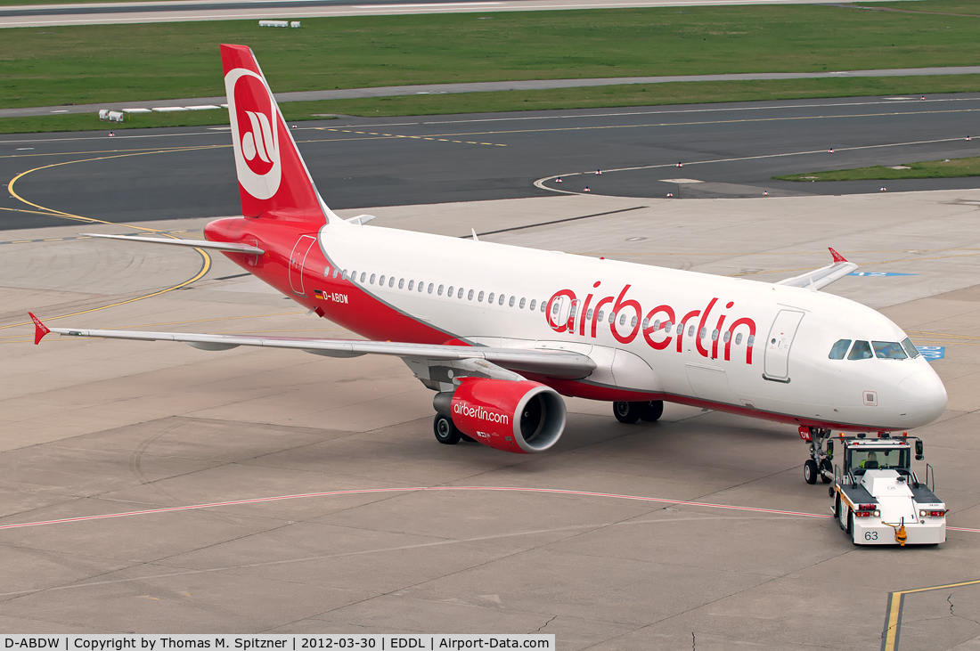 D-ABDW, 2009 Airbus A320-214 C/N 3945, Air Berlin D-ABDW in current c/s pushed back at DUS / EDDL