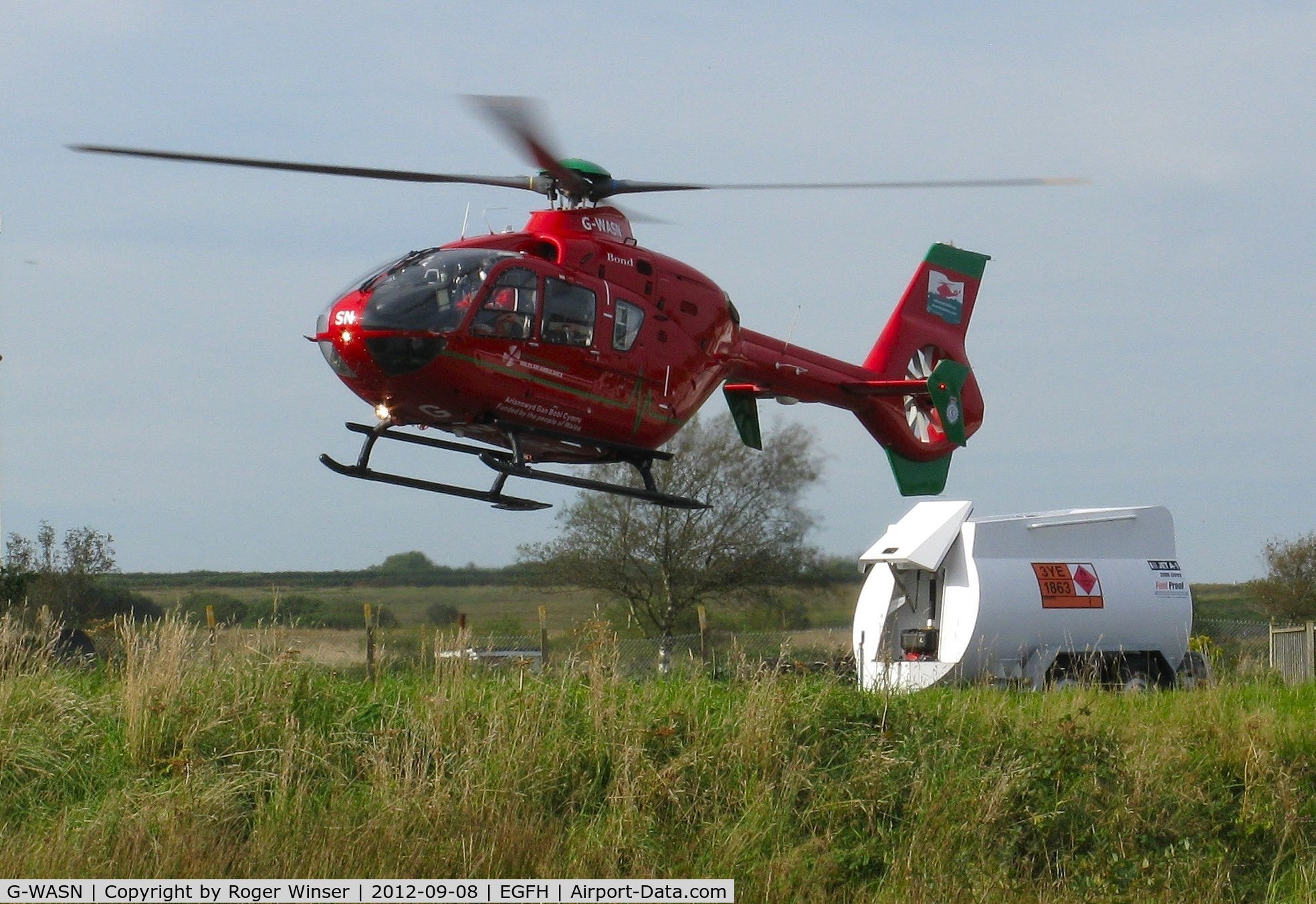 G-WASN, 2008 Eurocopter EC-135T-2+ C/N 0746, Wales Air Ambulance helicopter returns to base to take on fuel.