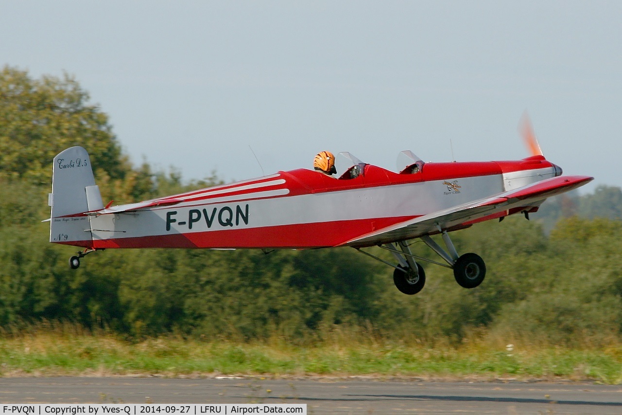 F-PVQN, 1970 Druine D-5 C/N 09, Druine D-5, Take-off rwy 05, Morlaix-Ploujean airport (LFRU-MXN) air show in september 2014