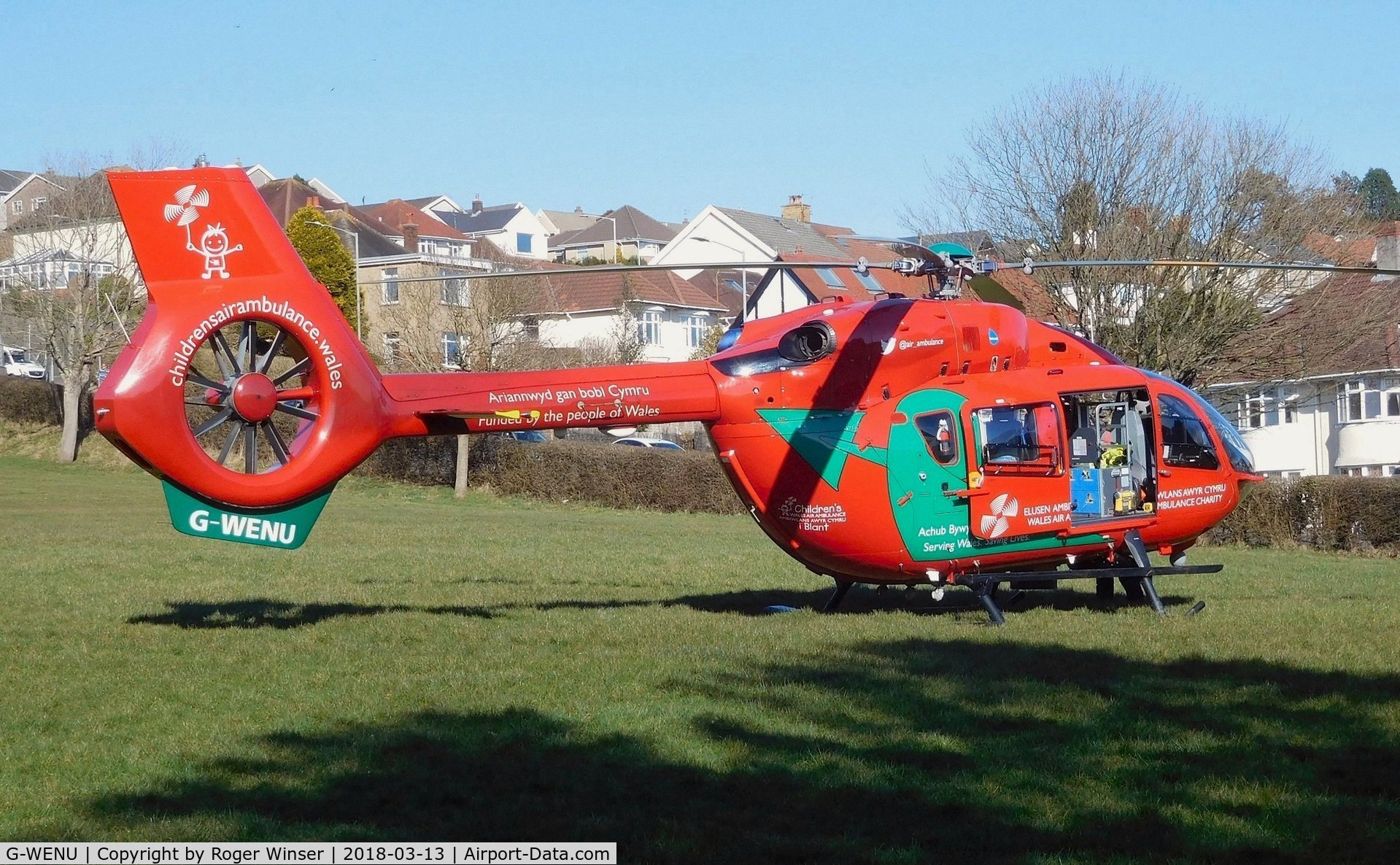G-WENU, 2016 Airbus Helicopters H-145 (BK-117D-2) C/N 20112, Off airport. Wales Air Ambulance helicopter (Helimed 57) on a call in the Swansea West area.