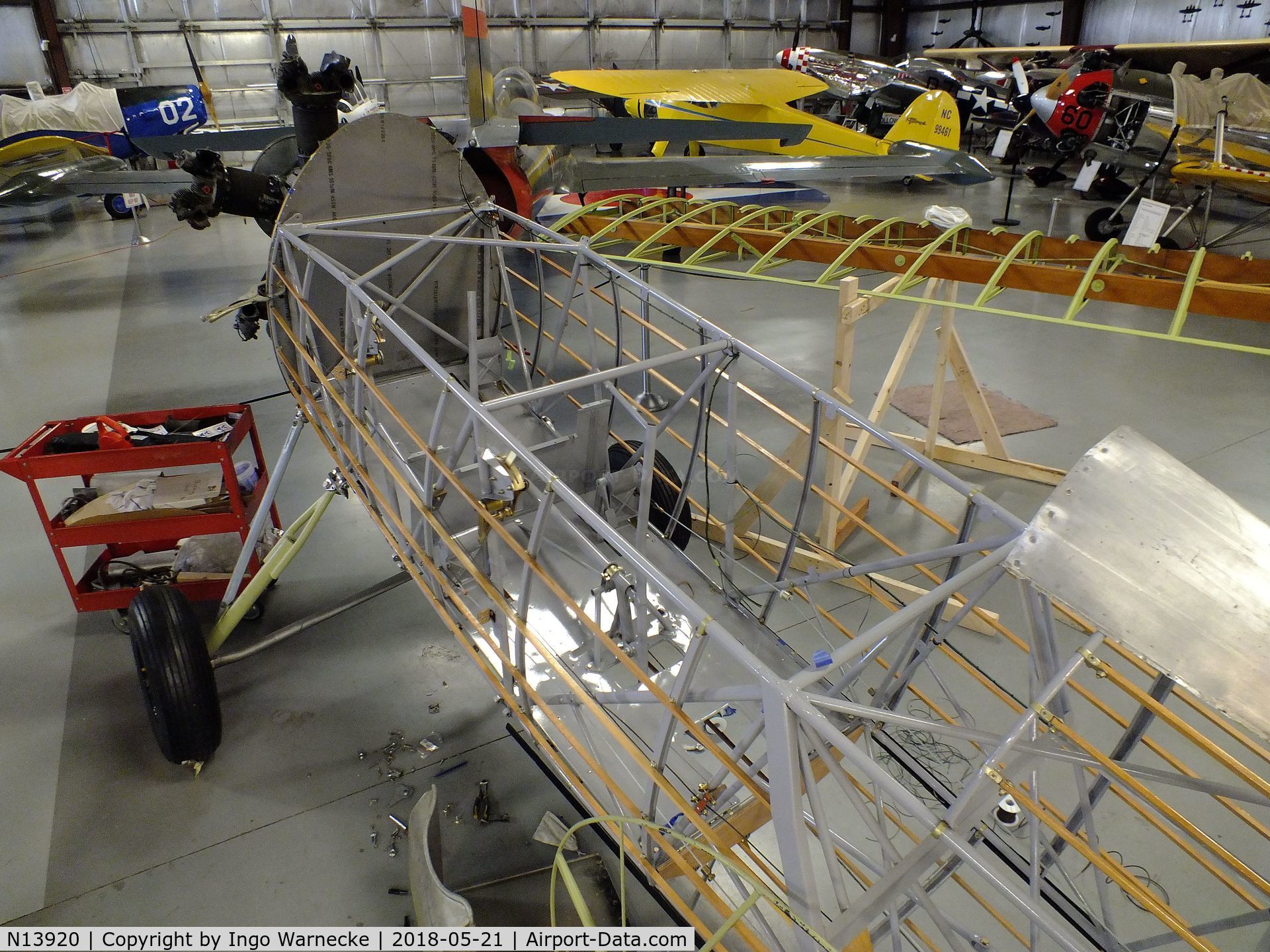 N13920, Fleet Model 9 C/N 505, Fleet Model 9 (minus skin, wings disassembled) being restored at the Air Combat Museum, Springfield IL