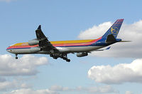 6Y-JMM @ LHR - Airbus A340-313 of Air Jamaica (6Y-JMM) on the approach to London (Heathrow) Airport in July 2002