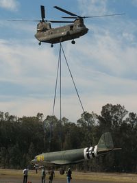 N16602 @ TRAVIS AFB - The C-47 being test lifted by a Califronia National Guard Boeing CH-47 Chinook helicopter
