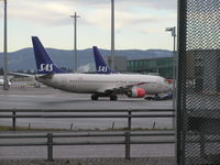 LN-RRU @ ENGM - Boeing 737 push-back at Oslo, Norway - by John J. Boling