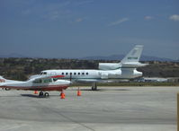N917SB @ CMA - 1980 Dassault Breguet Mystere FALCON 50, three Airesearch TFE731-3 turbofans each rated at 3,700 lb st  for takeoff, thrust reverser on center engine, extended range at Mach 0.75 & FAR 121 reserves 3,910 statute miles, tow to respot - by Doug Robertson