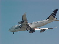 D-ABTH @ BOS - Lufthansa 747-400 D-ABTH in STAR ALLIANCE scheme on flies above Castle Island on a short final to Boston Logan Airport