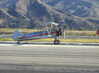 N65124 @ SZP - 1943 Boeing Stearman A75N1 (PT-17) 'Spirit of OPEC', P&W R-985 450 Hp (by Jacobs), landing Rwy 22 after first dropping glider tow line - by Doug Robertson