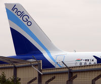 VT-INQ @ LFBO - Indigo's new A320 having recently emerged from the paint shop - now with temporary recistration F-WWIM and ready for Test flying - by Terry Fletcher