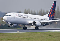 OO-VES @ EBBR - landing wet runway (25L), nose up. Notice white radome. - by Philippe Bleus