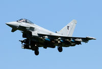 ZJ930 @ EGXC - With a full load of six laser guided bombs this Typhoon FGR4 comes in for landing after an attemt to go to Waddington.