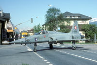J-3089 @ LSMJ - Road traffic is stopped to enable the Tigers to cross the Kantonalstrasse. Unfortunately this sight is over since Turtmann was closed in 2003. J-3089 now flies with Patrouille Suise.