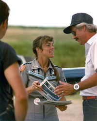 N134JC @ HRL - At CAF Airsho '83 - Julie Clark signing autographs by her aircraft