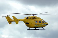 G-RESC @ EGSU - BK117 opearted for the East Anglian Air Ambulance. Looking closer they seem to have some sponsors. - by Henk van Capelle