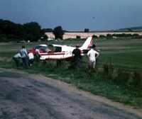 G-BKDH @ EGHN - Robin DR400/120 G-BKDH visited Sandown on 14.8.83 and somehow managed to get tangled up with a wire fence in the process. No harm was done fortunately - by GeoffW