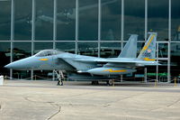 76-0020 @ EGSU - 1. 76-0020 now in the striking colours of 5th Fighter Interceptor Squadron, with its distinctive black and gold tail flash outside the American Air Museum at Duxford.