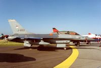 J-653 @ EGDM - F-16B Falcon of the Royal Netherlands Air Force's Test Group at the 1992 Air Tournament Intnl at Boscombe Down. - by Peter Nicholson