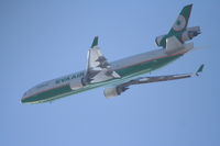 B-16111 @ KLAX - Eva MD-11F, B-16111 with a very early left turn after departing 25L KLAX. - by Mark Kalfas