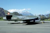 J-4007 @ LSMI - After being withdrawn J-4007 ended up at Interlaken. Normally the Hunter is hardly seen in the open, but we happened to meet this aircraft outside its shed. - by Joop de Groot
