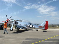 N4132A @ CMA - 1944 North American/Aero Classics P-51D MUSTANG, Rolls Royce V-1650-7 Merlin 1,695 Hp, Limited class, under tow with wing walker - by Doug Robertson
