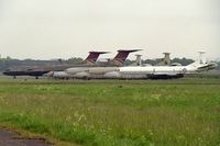 XZ281 @ EGUD - British Aerospace Nimrod AEW3. Together with XZ280 & XZ287 in the storage area at RAF Abingdon in 1990. Also seen are 5 ex British Airways Super VC10's, G-ASGA, GG, GL, GM & GP, later converted to K4 variants to serve with the RAF in 101 Sq. - by Malcolm Clarke