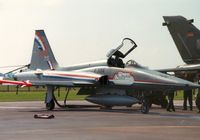 K-3014 @ MHZ - NF-5A Freedom Fighter of 314 Squadron Royal Netherlands Air Force as one of the Double Dutch display team with 75th anniversary markings seen at the 1988 Mildenhall Air Fete. - by Peter Nicholson