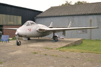 J-1008 - De Havilland Vampire FB6 (DH-100). Prior to renovation at what is now known as the De Havilland Aircraft Heritage Centre at Salisbury Hall. - by Malcolm Clarke