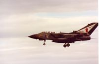 ZD742 @ EGQS - Tornado GR.1 of 17 Squadron displaying 75th anniversary tail markings arriving at Lossiemouth in the Summer of 1990. - by Peter Nicholson