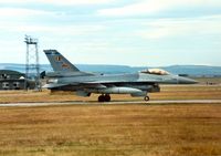 FA-104 @ EGQS - F-16A Falcon of 2 Squadron Belgian Air Force waiting to join the active runway at Lossiemouth in the Summer of 1989. - by Peter Nicholson