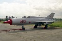 G-BRAM @ EGSX - Mikoyan-Gurevich MiG-21PF 503RED at North Weald in 1990. - by Malcolm Clarke