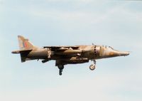 XZ133 @ EGQS - Harrier GR.3 of 4 Squadron landing at RAF Lossiemouth in May 1989. - by Peter Nicholson