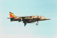 XZ970 @ EGQS - Harrier GR.3 wearing special tail markings of 4 Squadron landing at RAF Lossiemouth in May 1989. - by Peter Nicholson
