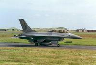 FB-18 @ EGQS - F-16B Falcon, callsign Belgian Air Force 327, of 10 Wing taxying to the active runway at RAF Lossiemouth in the Summer of 1992. - by Peter Nicholson