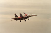 07 BLUE @ EGQL - Flanker B of the Russian Knights display team landing at the 1991 RAF Leuchars Airshow. - by Peter Nicholson