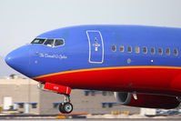 N439WN @ LAS - Close-up of the nose of Southwest Airlines The Donald G. Ogden N439WN (FLT SWA970) as it lands on RWY 25L, arriving from Burbank Bob Hope Airport (KBUR).